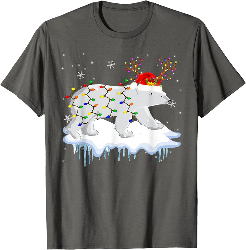 Cute Christmas Lights Santa Reindeer Polar Bear Santa Reindeer Polar Bear Christmas Light Santa Polar Bear T-Shirt - Asphalt Grey