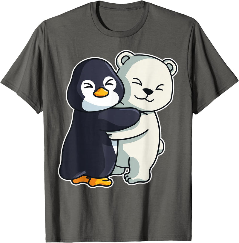 Penguin and Polar Bear Hug Arctic Animal Polar Bear and Penguin Cute North Pole Animals Hugging T-Shirt - Asphalt Grey