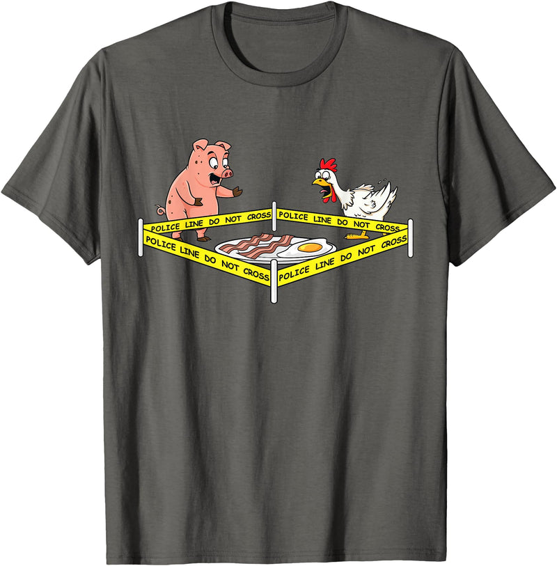 Mr Ben Thanksgiving Police Line Do Not Cross Pig and Chicken Funny Food T-Shirt - Asphalt Grey