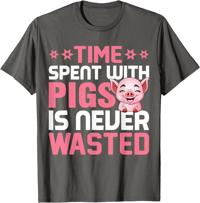 Funny Pig Farm Piggy Farmer Farming Gifts DAIMMER Time Spent With Pigs Is Never Wasted T-Shirt - Asphalt Grey