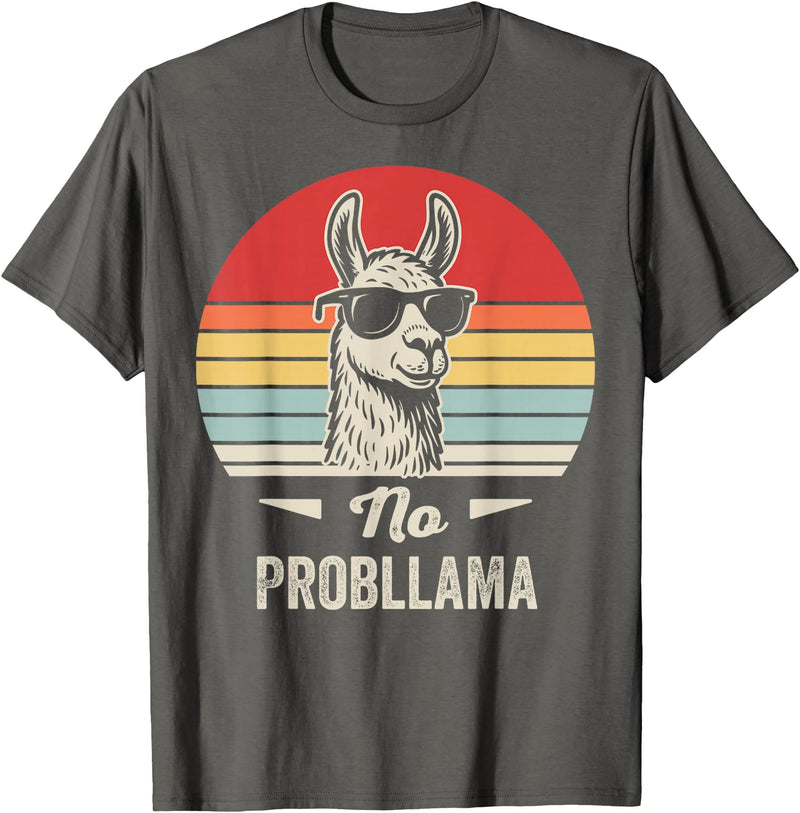 Retro Llama Humor No Drama Vintage Vibes No Probllama Retro Llama Humor Design T-Shirt - Asphalt Grey