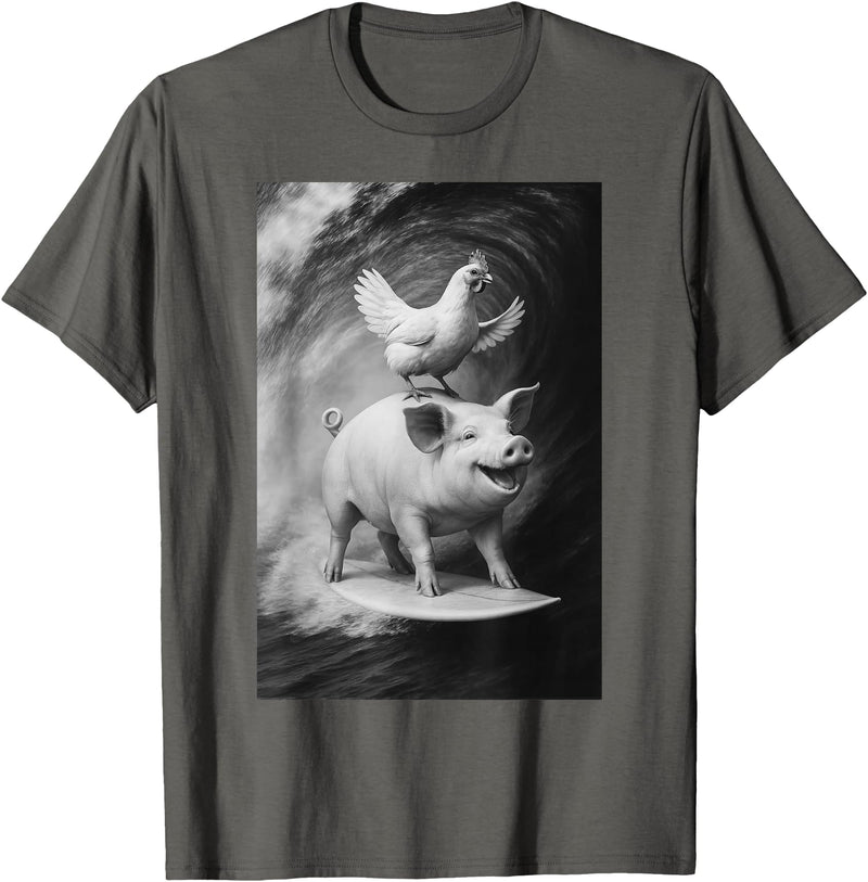 Surf Animal Lovers Funny Pet Summer Waves Vibes. Funny Surfing Pig and Chicken Selfie On Farm Animal T-Shirt - Asphalt Grey