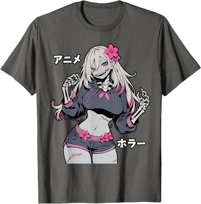 Dinosaurus Rekx Horror Anime Waifu Girl Japanese Zombie Skeleton Graphic T-Shirt