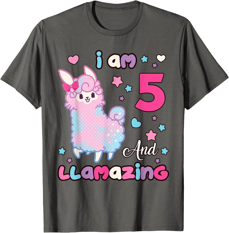 Llamazing Birthday Girl Llama Family BW Art Llama I Am Five and Llamazing 5 Years Old 5th Birthday Girl T-Shirt - Asphalt Grey