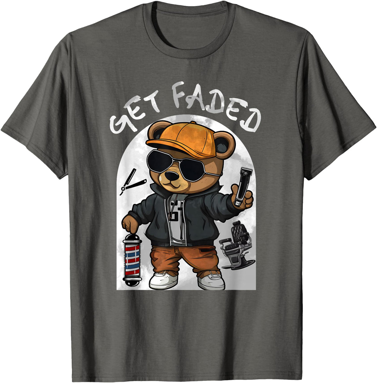 Black Barbershop African American Barber Designs Get Faded Hip Hop Teddy Bear Barber Streetwear Fade Haircut T-Shirt - Asphalt Grey