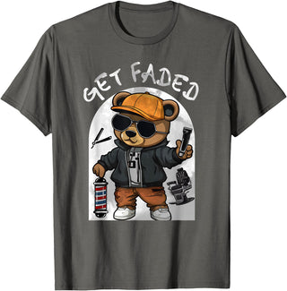 Black Barbershop African American Barber Designs Get Faded Hip Hop Teddy Bear Barber Streetwear Fade Haircut T-Shirt - Asphalt Grey