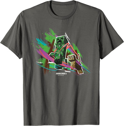 Minecraft Creeper Running from Cat Paint Brush Strokes Art T-Shirt