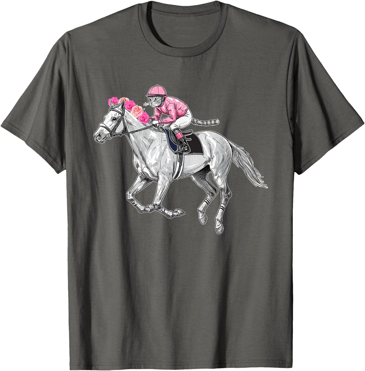 Racehorse and Cat Racer Derby Horse Racing Cat Jockey Funny Race Equestrian Humor T-Shirt - Asphalt Grey