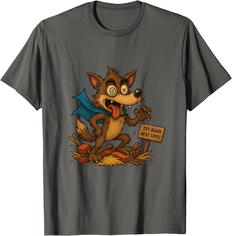 Three Hero Pigs Storytime Legends Bad Wolf in personalized costume 3 Pigs on the back T-Shirt - Asphalt Grey