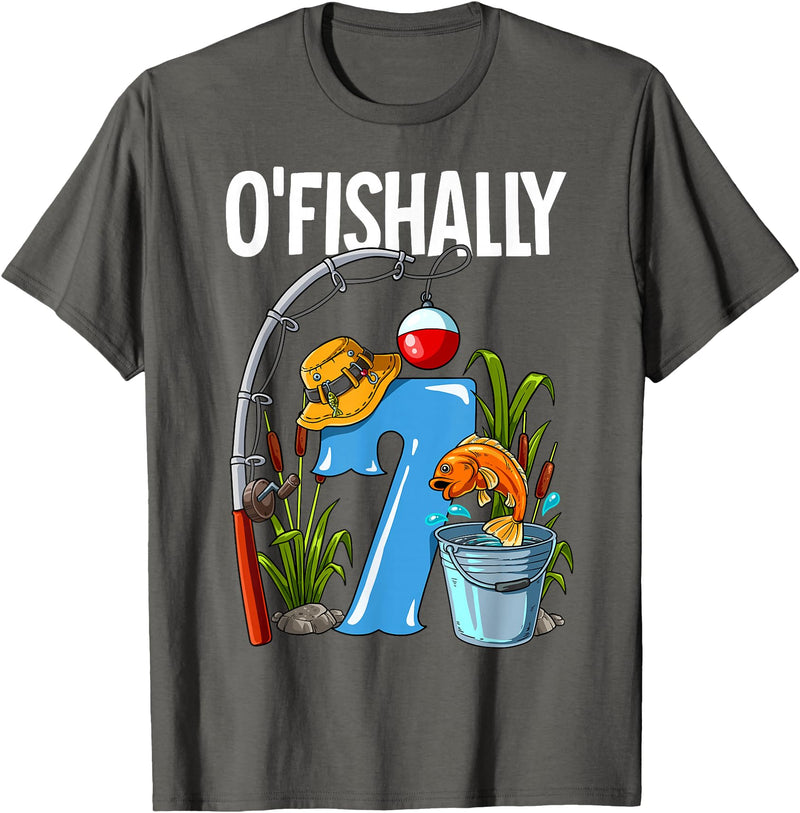 Fishing Theme Birthday Gifts O'fishally 7 Years Old 7th Birthday Fishing T-Shirt - Asphalt Grey