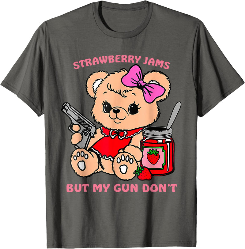 Strawberry Jams But My Gun Don't Funny Teddy Bear T-Shirt - Asphalt Grey