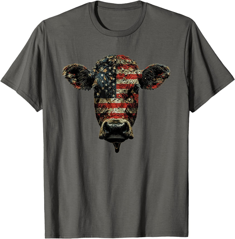4th Of July Cow Farm Outfits For Men Cow Farm Patriotic Farmer 4th Of July USA American Flag T-Shirt - Asphalt Grey