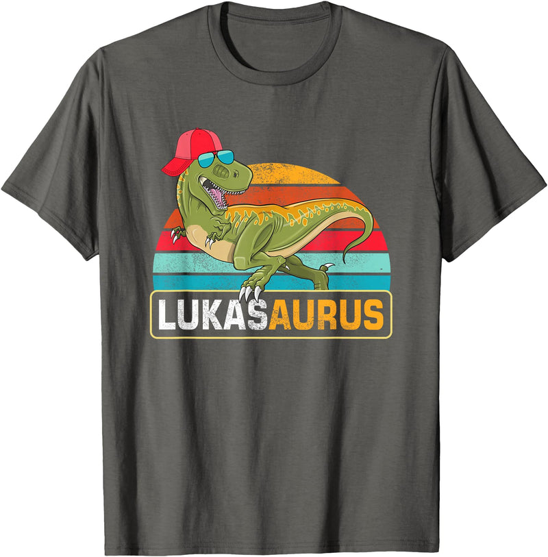 Lukas Name Gifts Boy Named Lukas Lukas Saurus Dinosaur Boy Lukas Name T-Shirt - Asphalt Grey