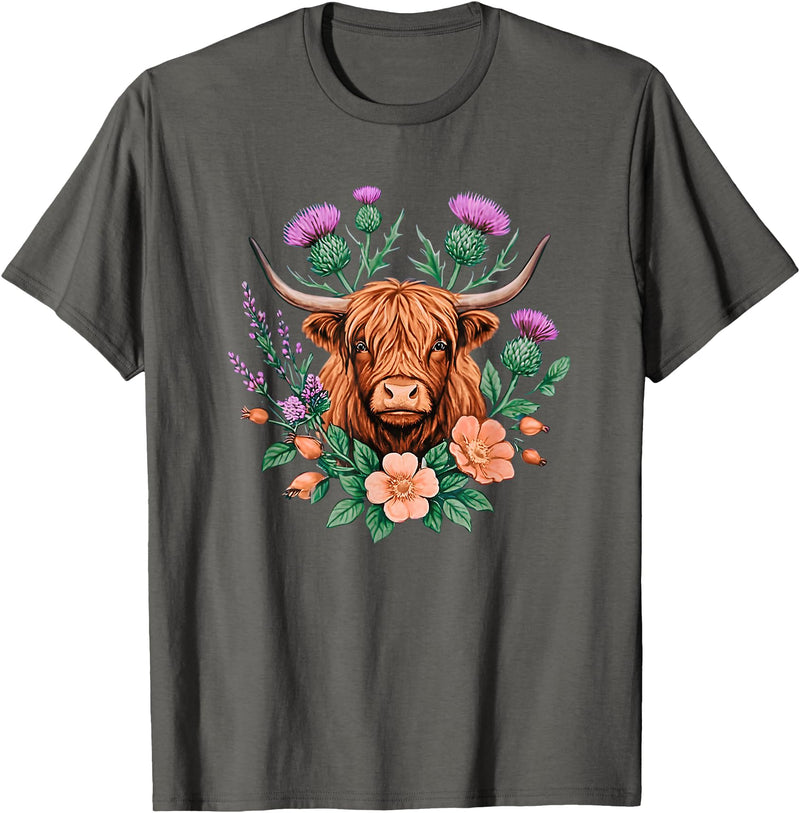 Highland Cow & Thistle Country Art Highland Cow Thistle Floral Scottish Farm Animal Design T-Shirt - Asphalt Grey