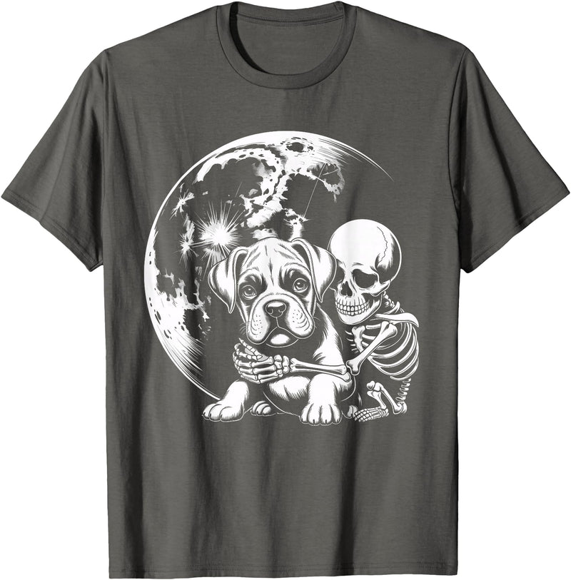 Cute Skeleton Boxer Dog Halloween Women Men Skeleton Hugging Dog Halloween Boxer Lover Mom Dad T-Shirt - Asphalt Grey
