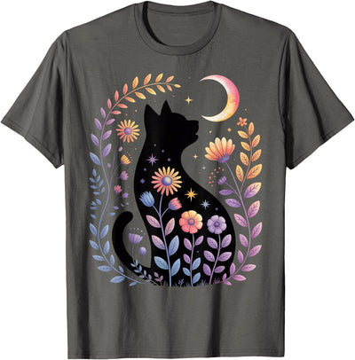 Halloween Black Cat Costume Mystical Cat Lover Midnight Cat and Crescent - Enchanted Lunar Garden Scene T-Shirt