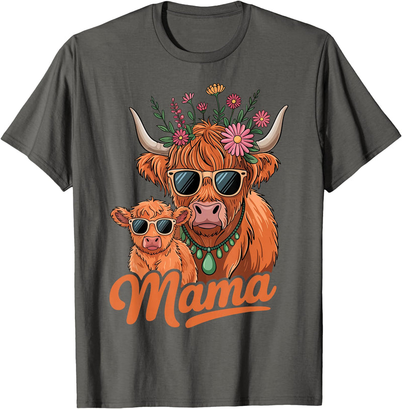 Scottish Farm Matching Mom Daughter Highland Cow Highland Cow Mama Mom Baby Calf Daughter Floral Mothers Day T-Shirt -