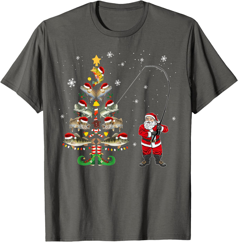 Fishermans Christmas Pajama Gift Tree Lights Merry Fishmas T-Shirt - Asphalt Grey