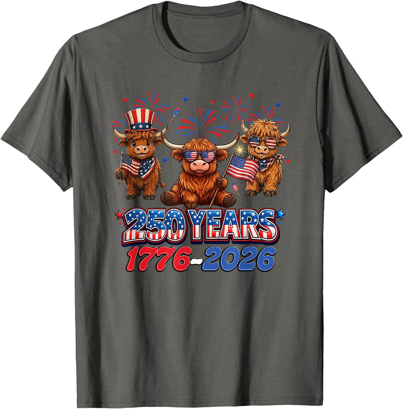 Scottish Highland Cow Print 250th Anniversary Gift 250 Years America Anniversary Cow 4th July America 1776 2026 T-Shirt -