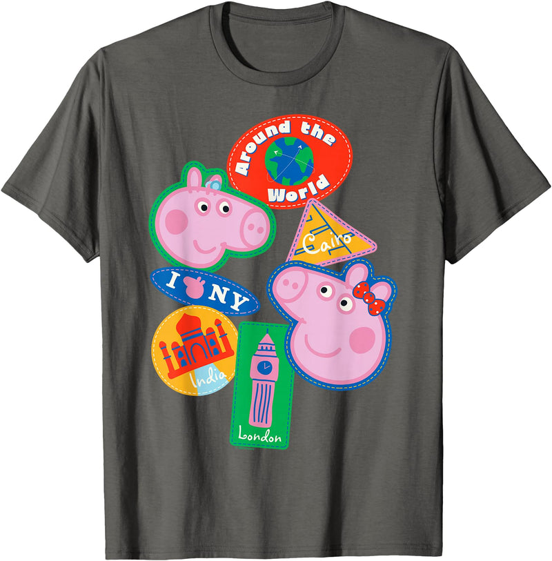Peppa Pig Travel Patches Around The World Cairo India London T-Shirt - Asphalt Grey