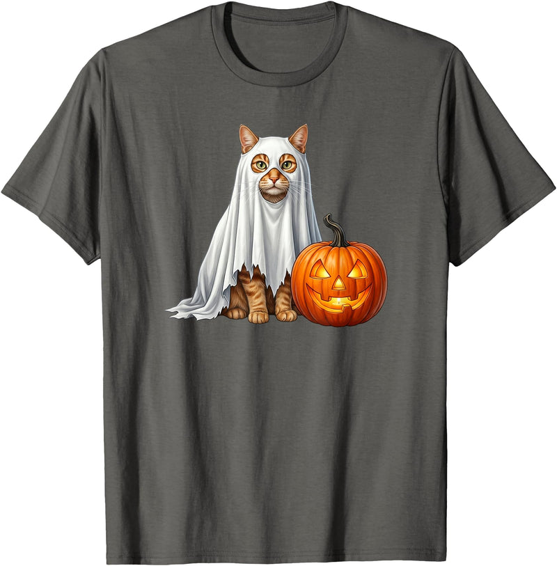 Cute & Funny Spooky Cat and Pumpkin Halloween Orange Cat Ghost and Jack-O-Lantern Halloween T-Shirt - Asphalt Grey