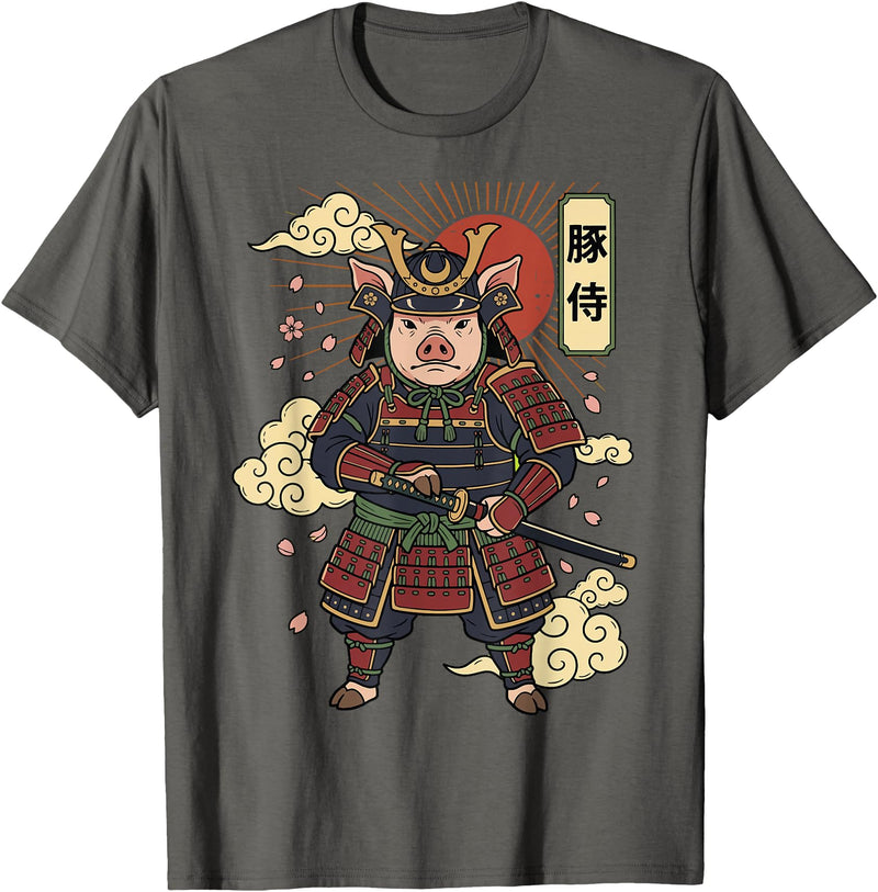 Samurai Pig Anime Japan Pig Samurai Japanese Warrior T-Shirt - Asphalt Grey