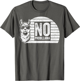 Teetro No Probllama Cool Llama Sunglasses Humor Animal T-Shirt - Asphalt Grey