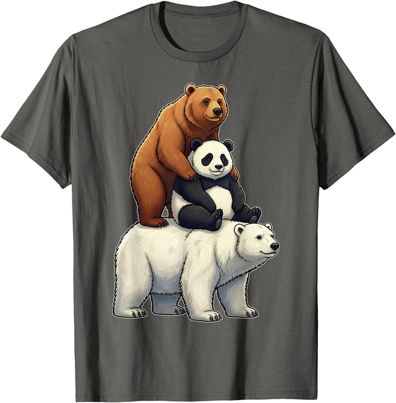 Cute Bear Panda Polar Bear Stack Funny Wildlife Funny Bears Stacked Panda Grizzly Polar Bear Trio Meme Art T-Shirt - Asphalt Grey