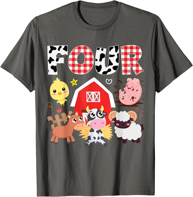 Farm Animals Cow Themed Birthday Party Family Tees 4th Birthday Four Year Old Farm Theme Animals Birthday Party T-Shirt -