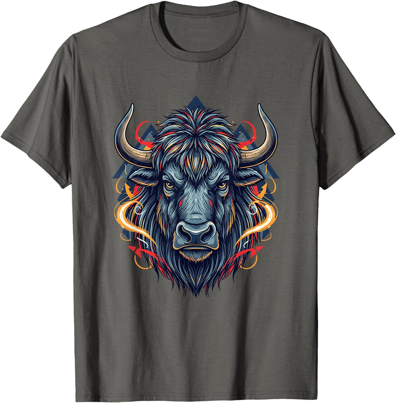 Wild Buffalo Bison Tribal Western Spirit Fierce Wild Bison Head Tribal Geometric Buffalo T-Shirt - Asphalt Grey