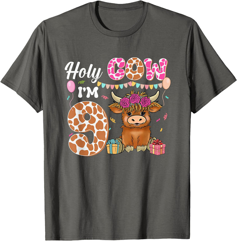 Holy Cow I'm 9 Highland Cow 9th Birthday Holy Cow I'm 9 Highland Cow Farming 9th Birthday 9 Years Old T-Shirt - Asphalt Grey