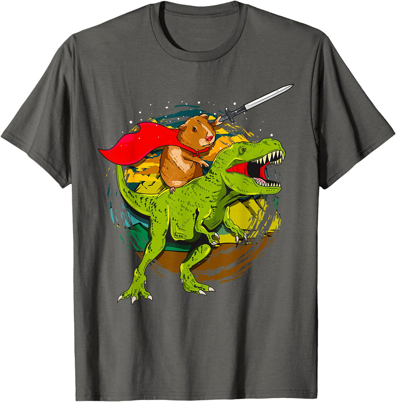 Funny Hamster Guinea Pig Tees Co Funny Guinea Pig Riding Dinosaur T-Rex Hamster Furry Potato T-Shirt - Asphalt Grey
