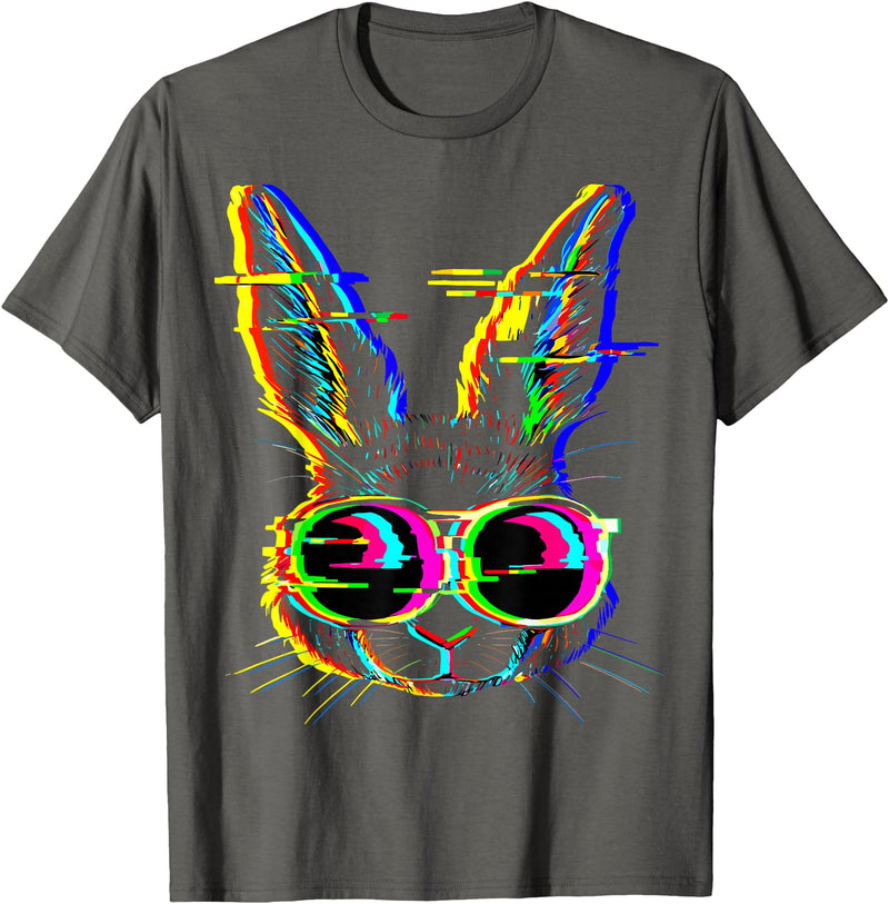 Trippy Rabbit Vibrant Glitch Effects Vaporwave EDM Lover T-Shirt in Asphalt Grey