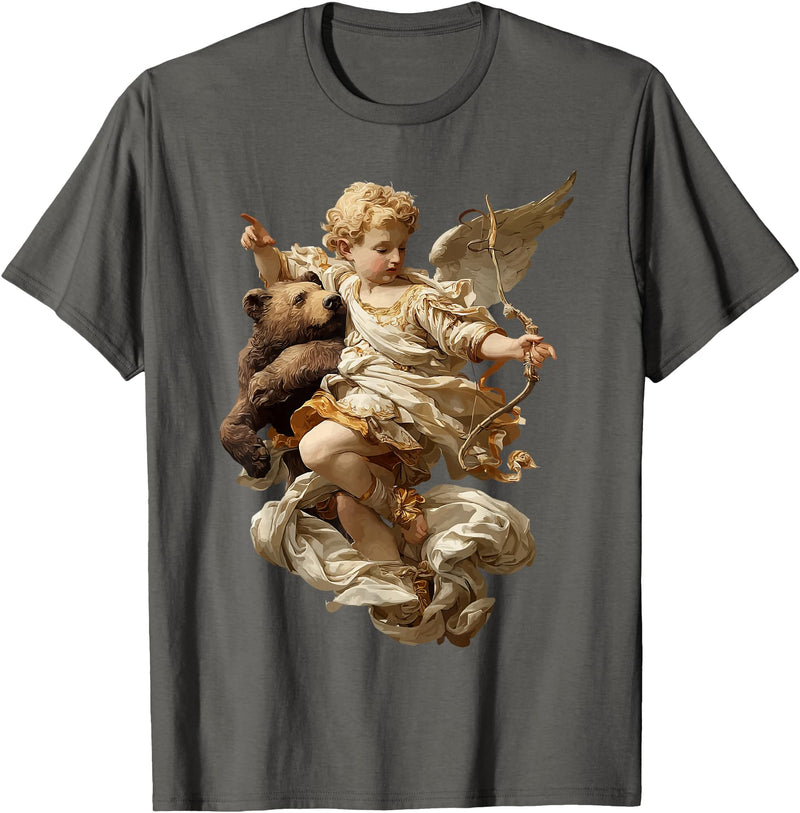 Vintage Angel Aesthetic Classical Art Cute Cherub Angel with Bear Baroque Renaissance Aesthetic T-Shirt - Asphalt Grey