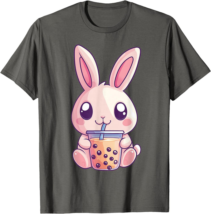 Kawaii Bunny Rabbit Boba Tea Anime Cute Easter Graphic T-Shirt in Asphalt Grey