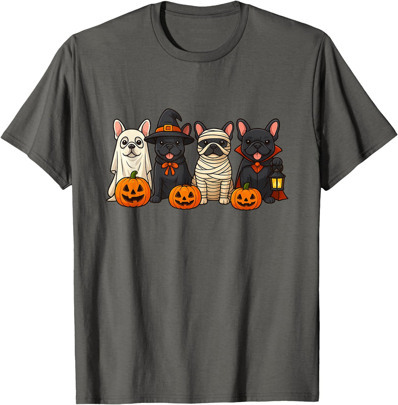Ghost Bulldog Halloween French Mummy Dog Lover French Bulldog Ghost Witch Pumpkins Halloween Dog Costume T-Shirt - Asphalt