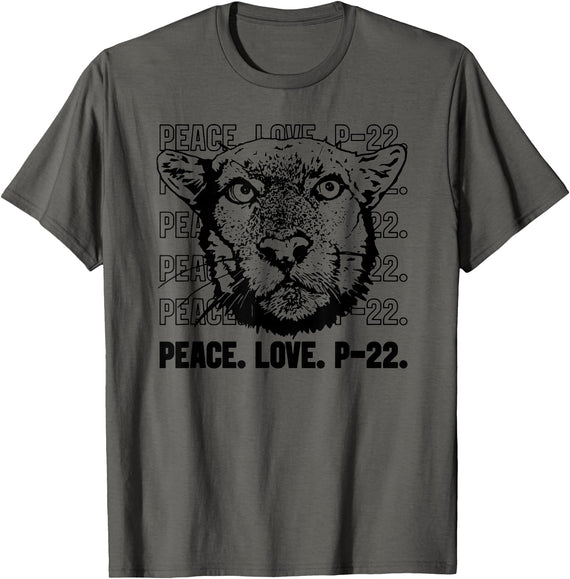 P22 Mountain Lion Tee Shirts for Nature Lovers P-22 Mountain Lion Legend LA California Art P22 Peace Love T-Shirt - Asphalt Grey
