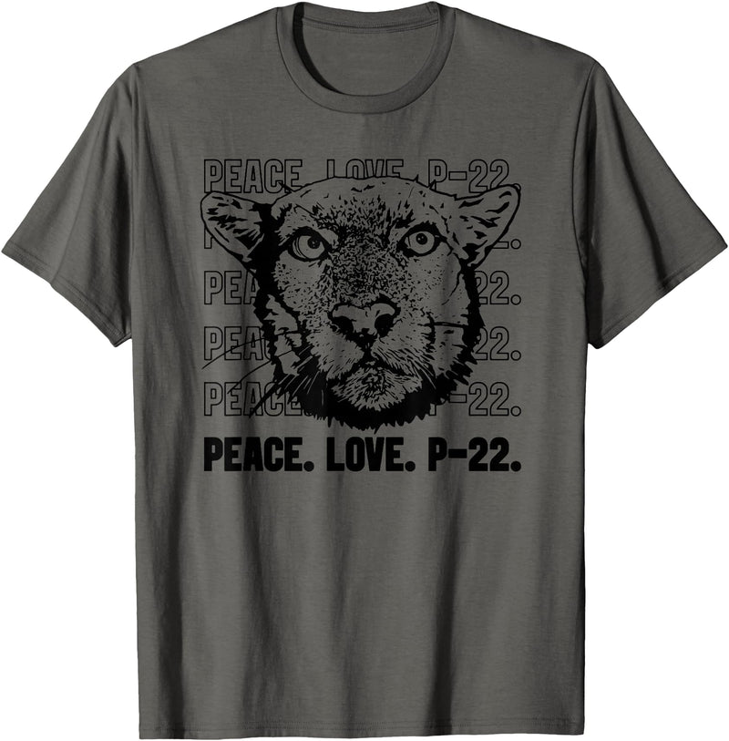 P22 Mountain Lion Tee Shirts for Nature Lovers P-22 Mountain Lion Legend LA California Art P22 Peace Love T-Shirt - Asphalt Grey