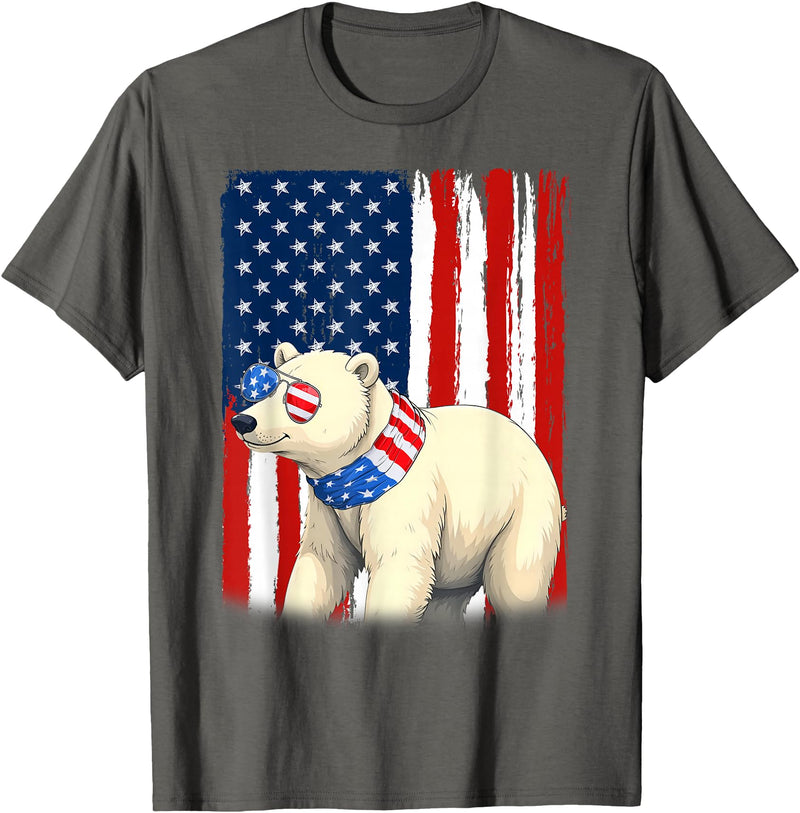 Patriotic USA Flag Polar Bear 4th of July Co. Polar Bear US America Flag Men Women 4th of July Patriotic T-Shirt - Asphalt Grey