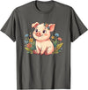 Cute Farm Piglet With Wildflowers Pastel Kawaii Baby Pig Surrounded by Colorful Flowers T-Shirt - Asphalt Grey