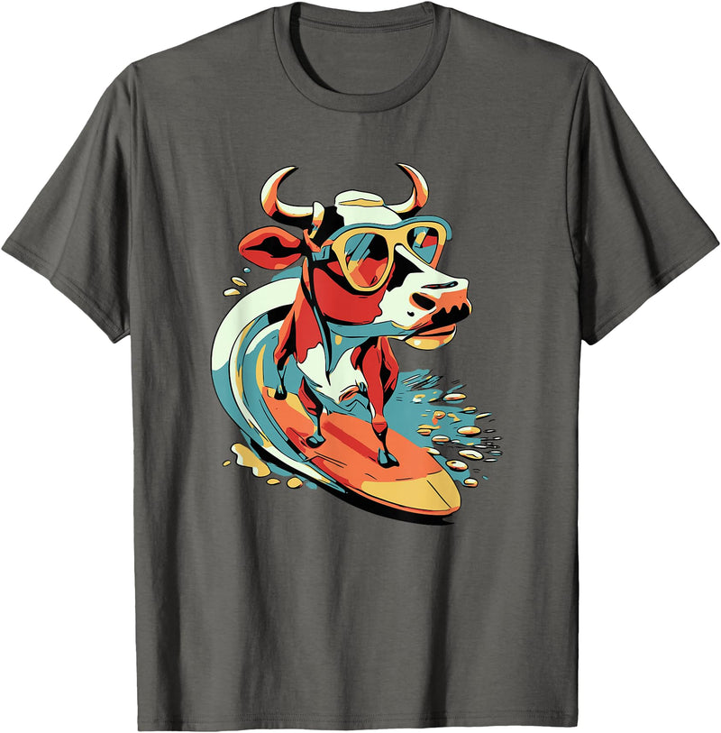 Surfing Cow Catching a Wave Surfer Design Co. Surfing Cow Catching a Wave Farmer Surfer Surf Time T-Shirt - Asphalt Grey