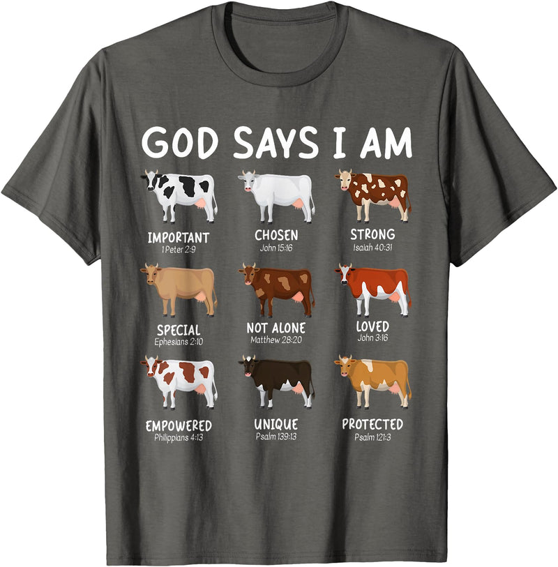 God Says I Am Christian Bible Verse Apparel God Says I Am Cute Heifer Cow Bible Verse Christian T-Shirt - Asphalt Grey