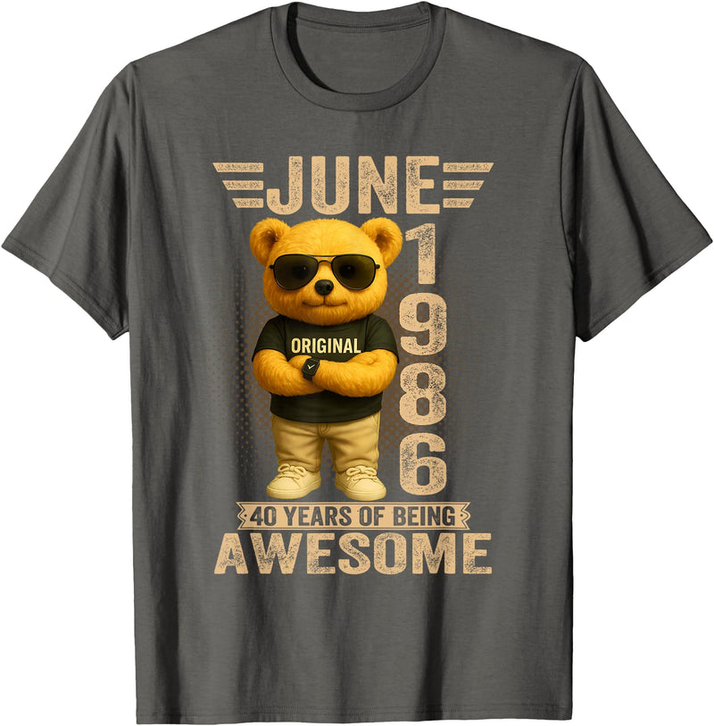June 1986 40th Birthday Gifts for Men Women 40 Year Old June 1986 Teddy Bear 40th Birthday Men Women T-Shirt - Asphalt Grey
