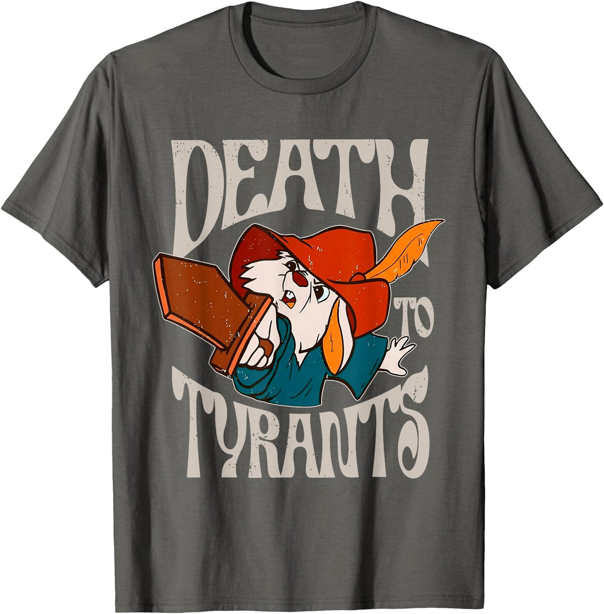 Death to Tyrants Retro Rabbit Meme T-Shirt in Asphalt Grey