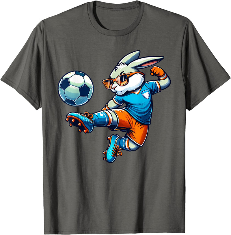 Happy Easter Bunny Soccer Player Lover Sport Rabbit T-Shirt in Asphalt Grey