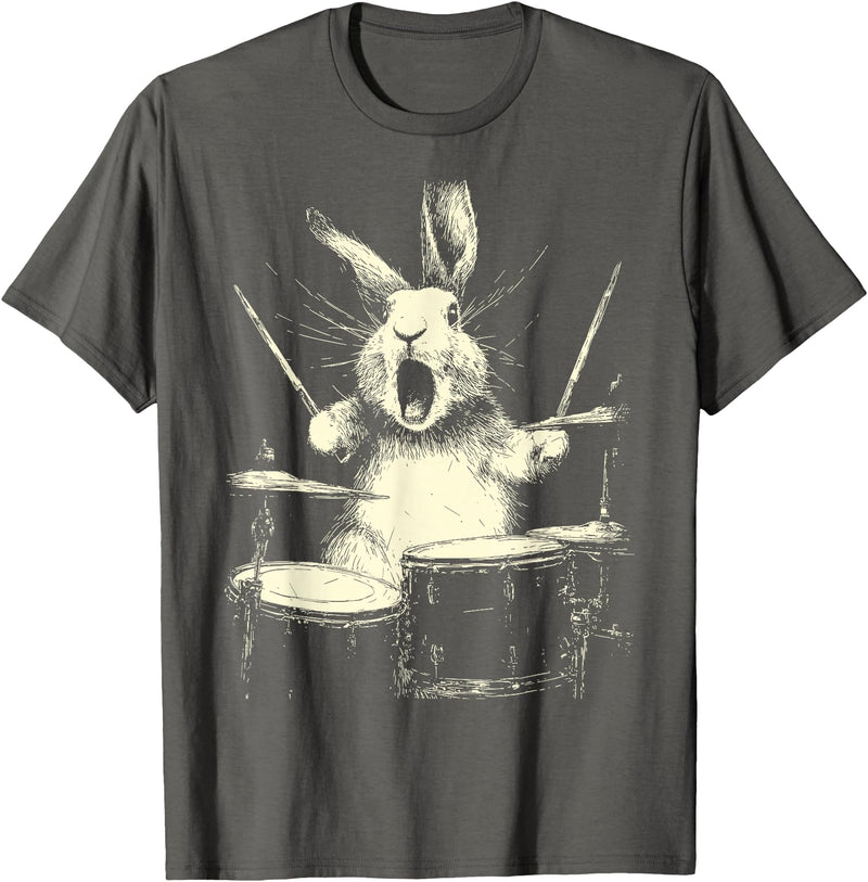 Cute Rabbit Playing Drums Funny Music Animal Drummer Graphic T-Shirt in Asphalt Grey