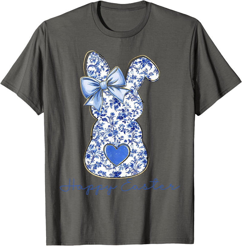 Happy Easter Chinoiserie Floral Bunny Cute Blue Bow Coquette T-Shirt in Asphalt Grey