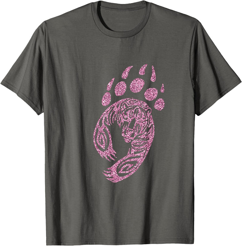 Tribal Animals Designs Pink Bear Paw Print Grizzly-Claw Girl Kids T-Shirt - Asphalt Grey