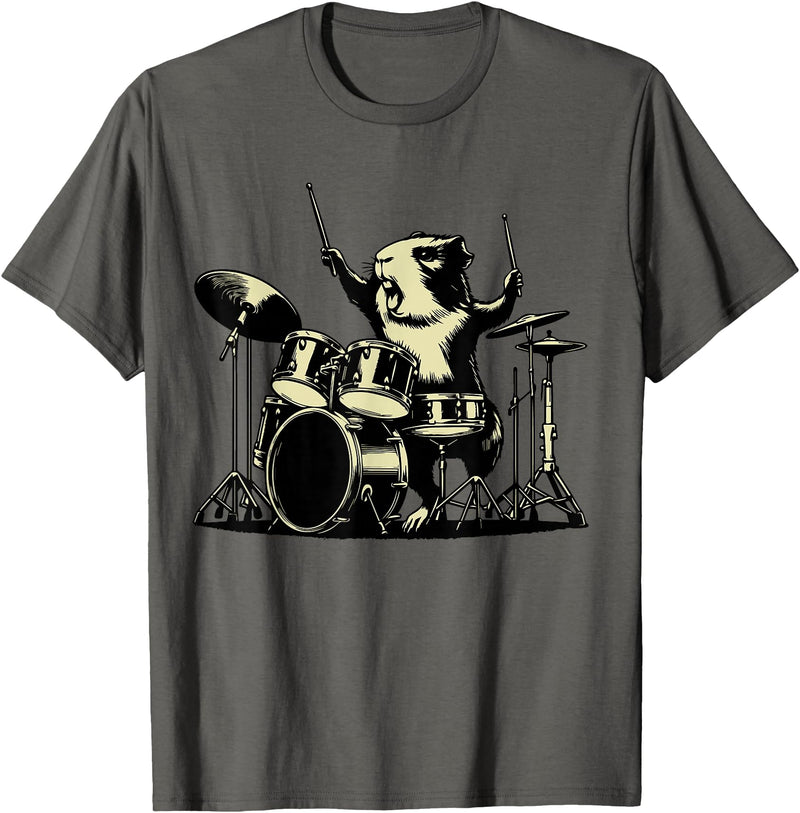 Retro Drummer Guinea Pig Lover Rock Design Guinea Pig Drummer Rock Drummer Guinea Pig Playing Drums T-Shirt - Asphalt Grey