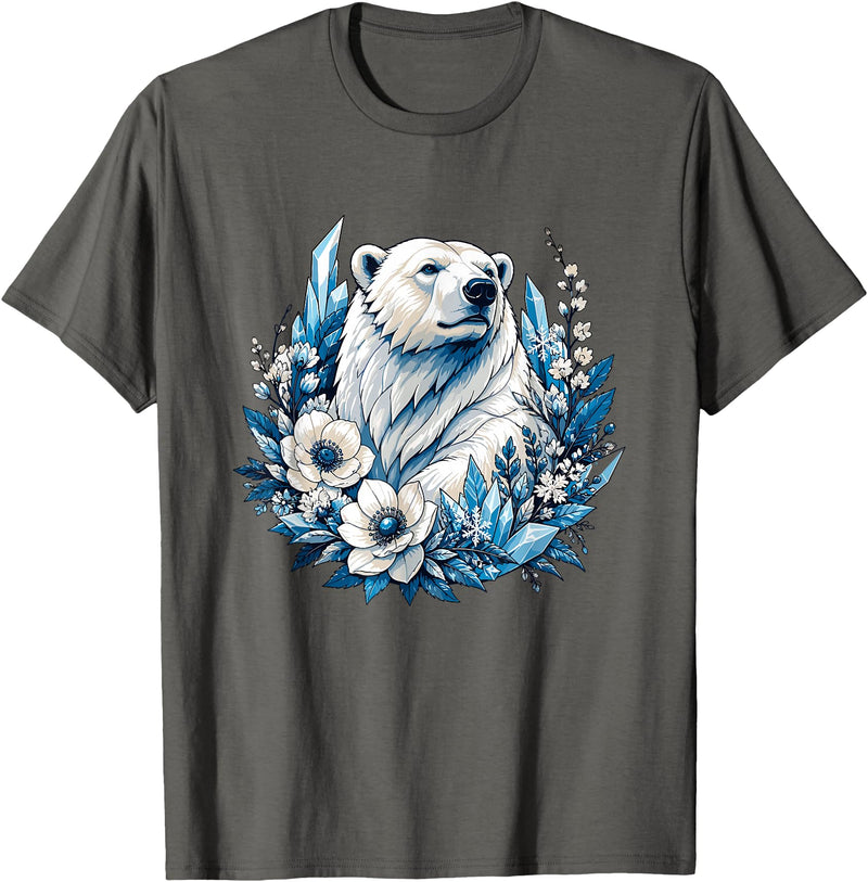 Arctic Polar Bear Floral Crystal Nature Winter Wildlife Polar Bear with Ice Flowers T-Shirt - Asphalt Grey